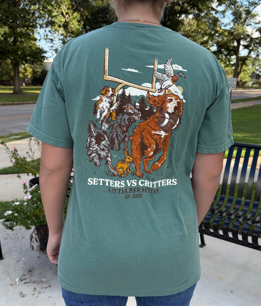 Little Red Setter "SETTERS VS CRITTERS" T-Shirt design #T003